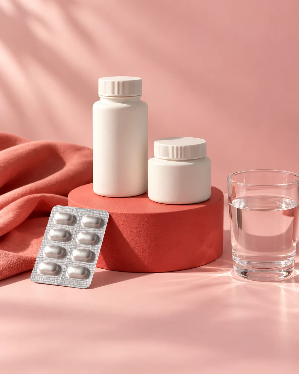 Unbranded medicine containers and a glass of water in a sunlit still life
